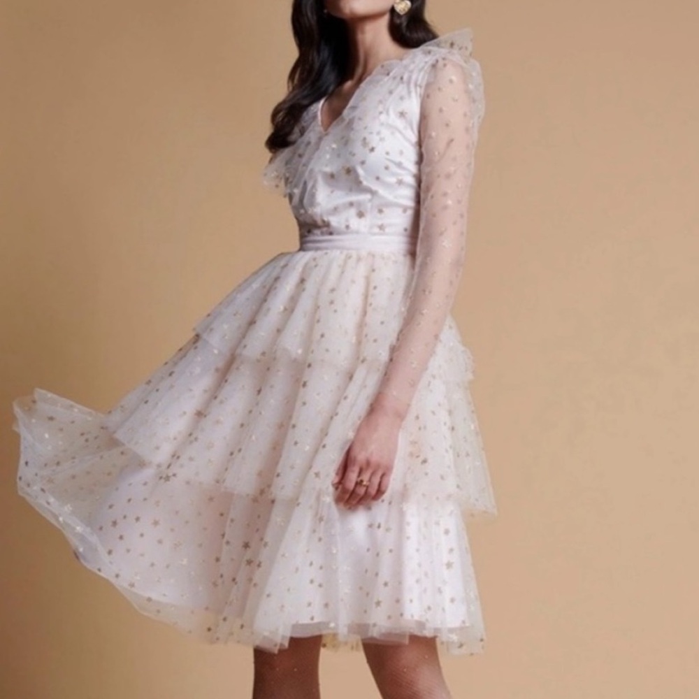 Rachel Parcell Dress Glitter Star Tulle Long Sleeve Tier Ruffle